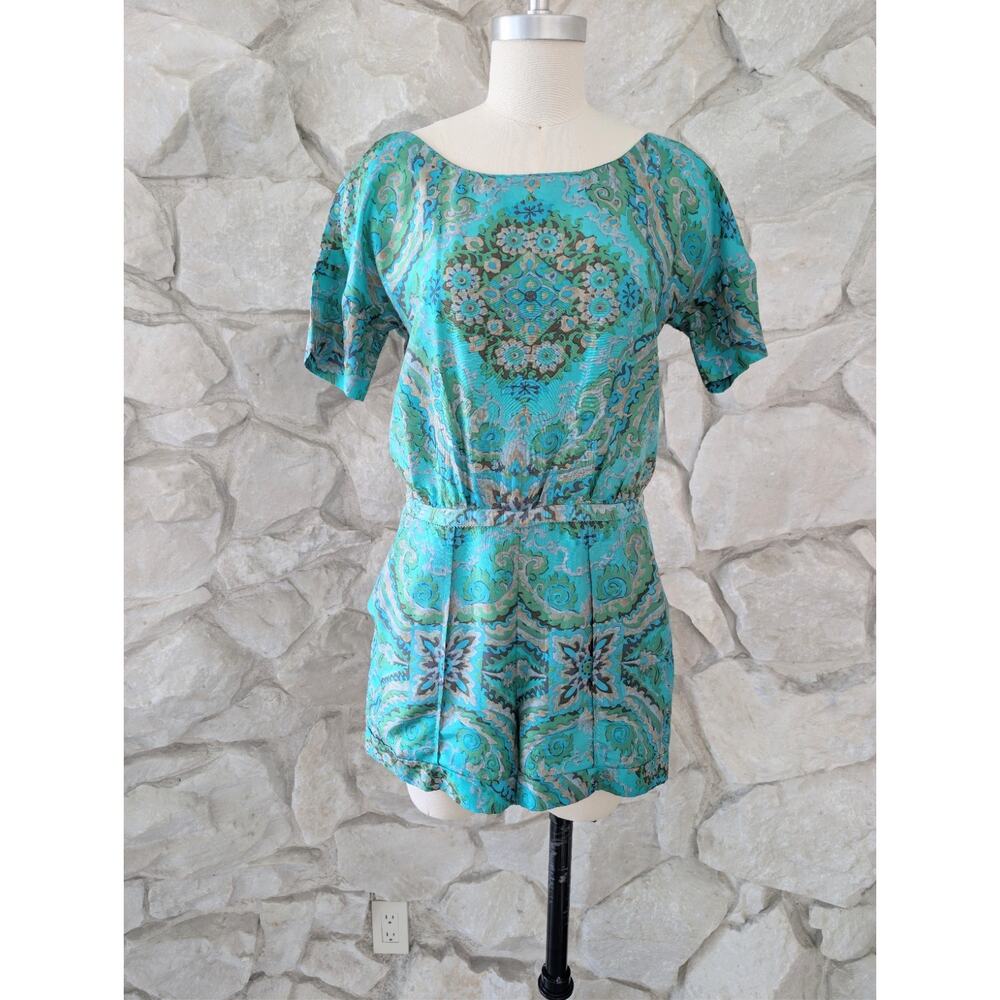 Vintage J. Crew Paisley Print Blue & Green Silk Romper